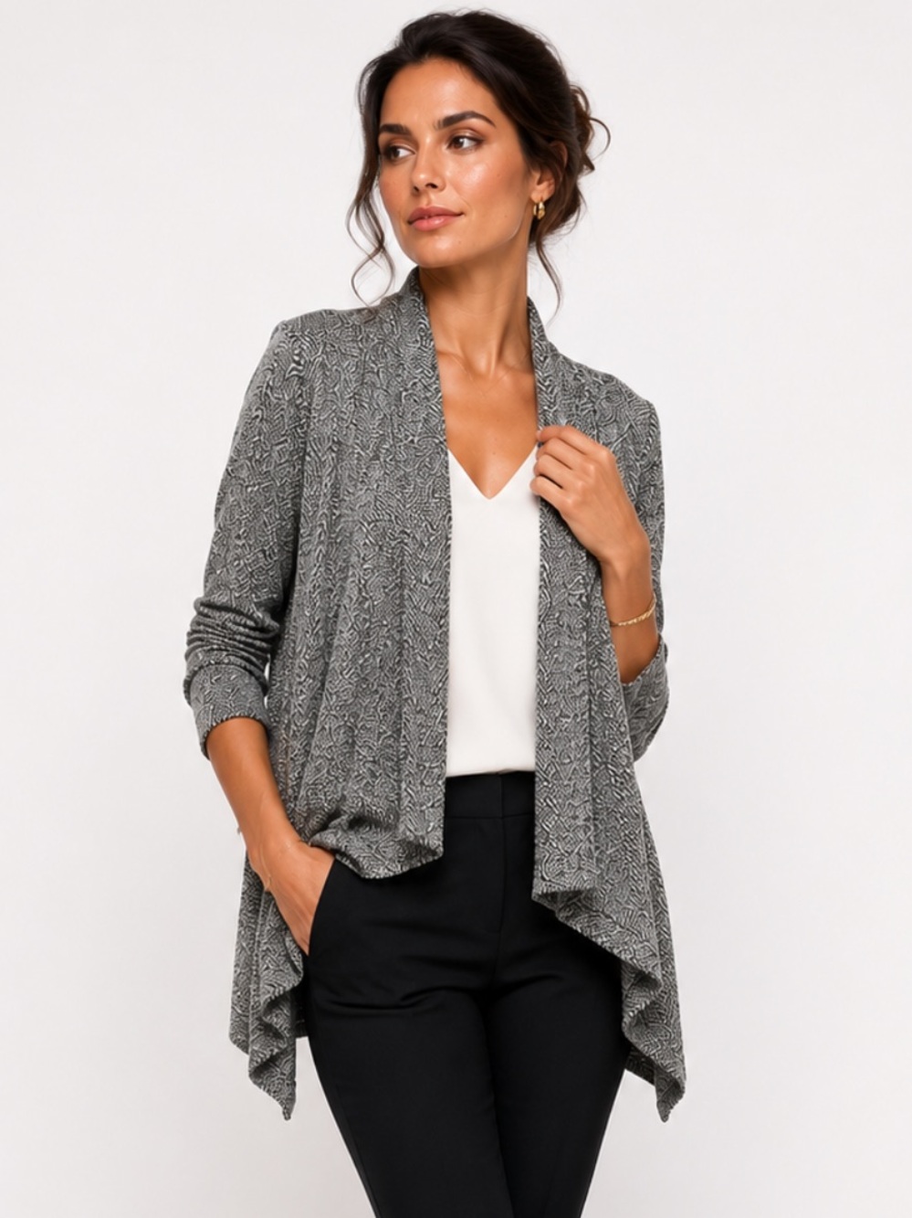 NWT: Club Monaco Open Front Knit Jacket Draped Cardigan Black White — Size L
